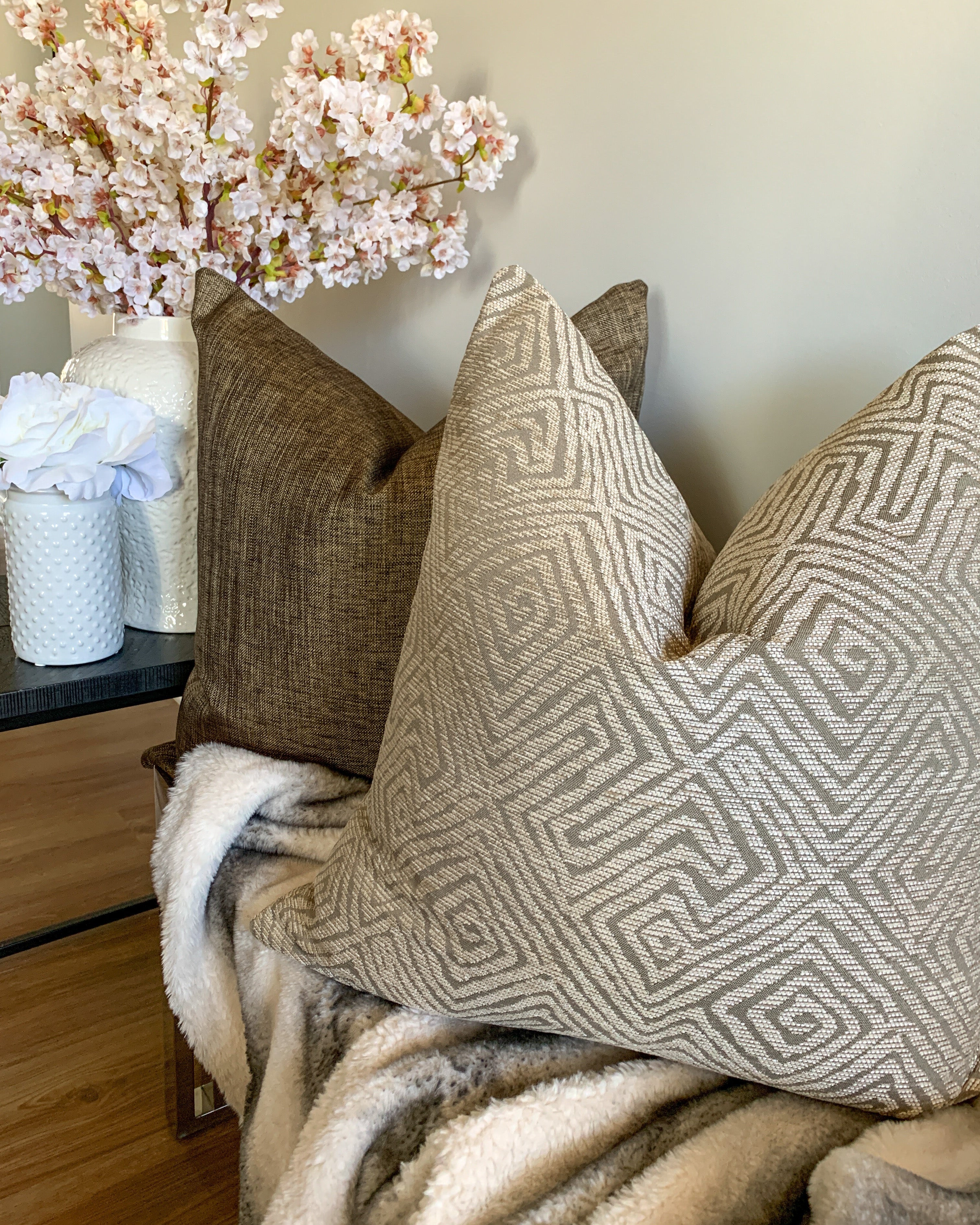 Patterned and texture pillows with soft serene background