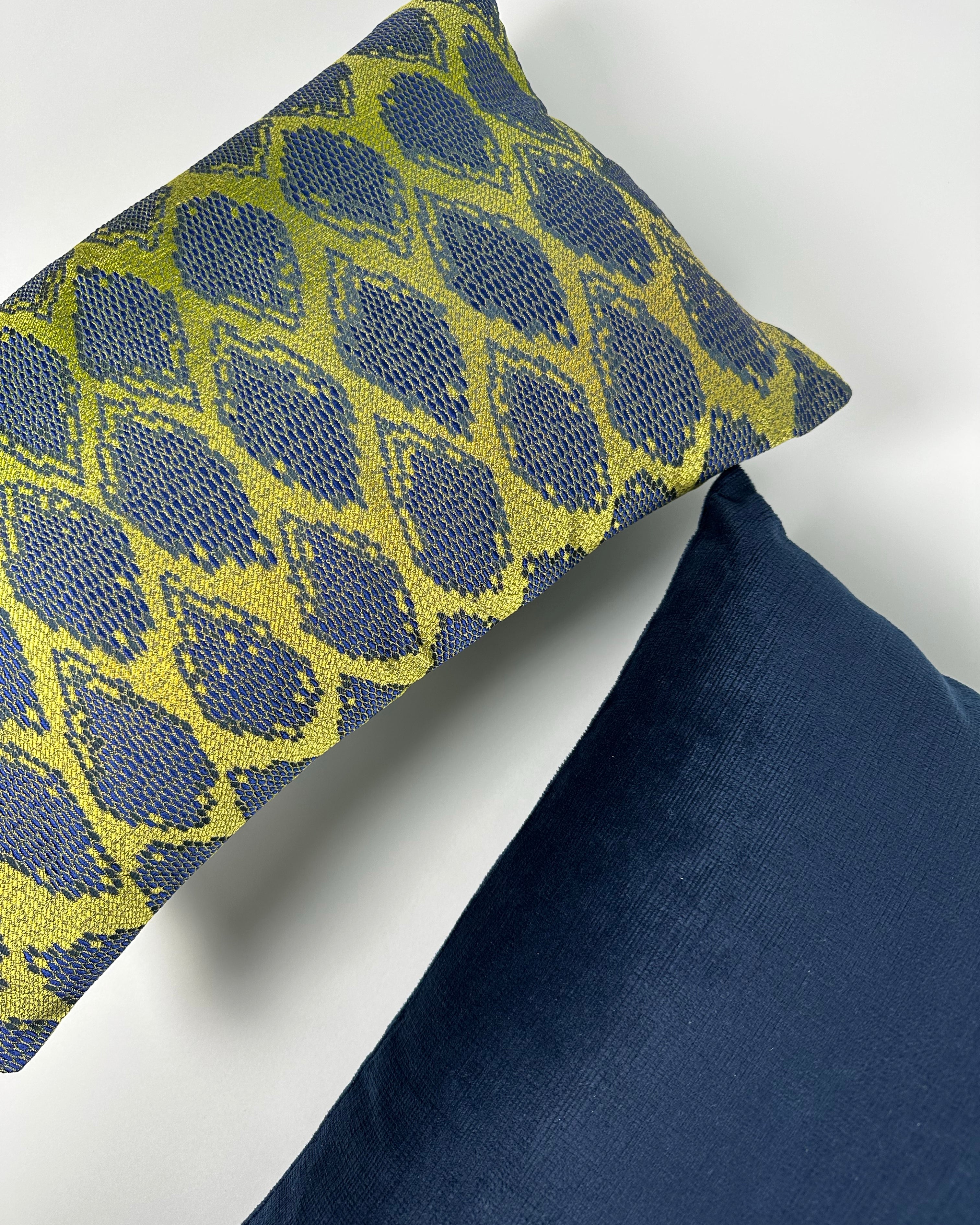 Navy and Lime pillow covers on white backdrop