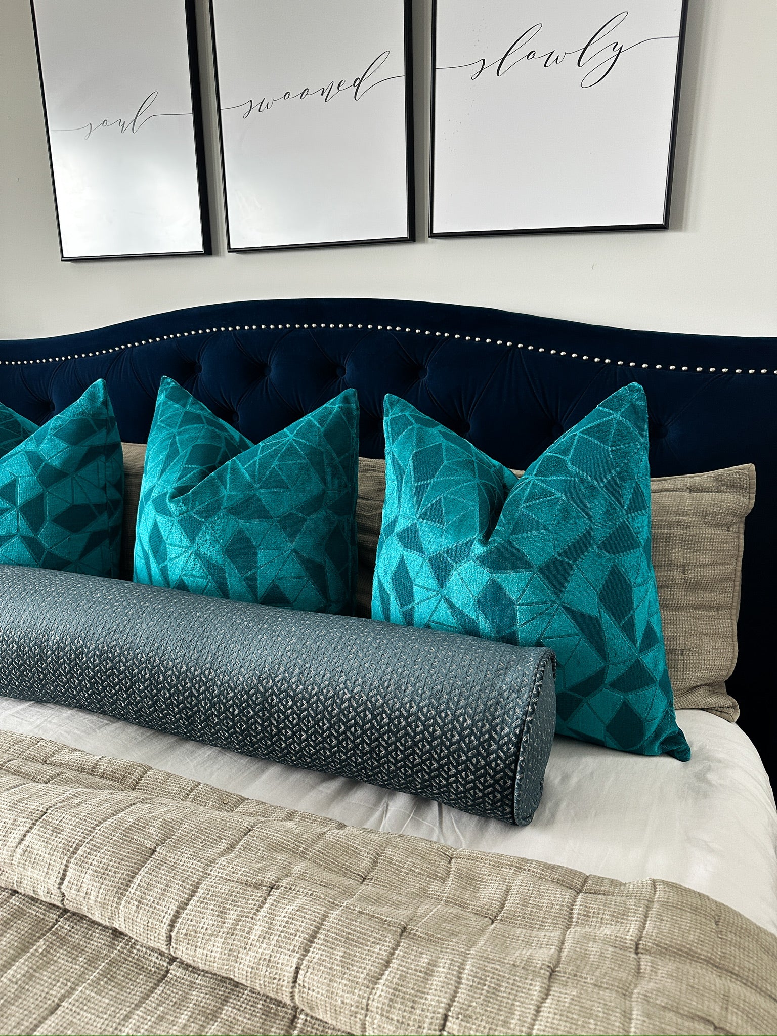 Dark Chambray Mixed Cubes Bolster Cover Love, Ravin Collection