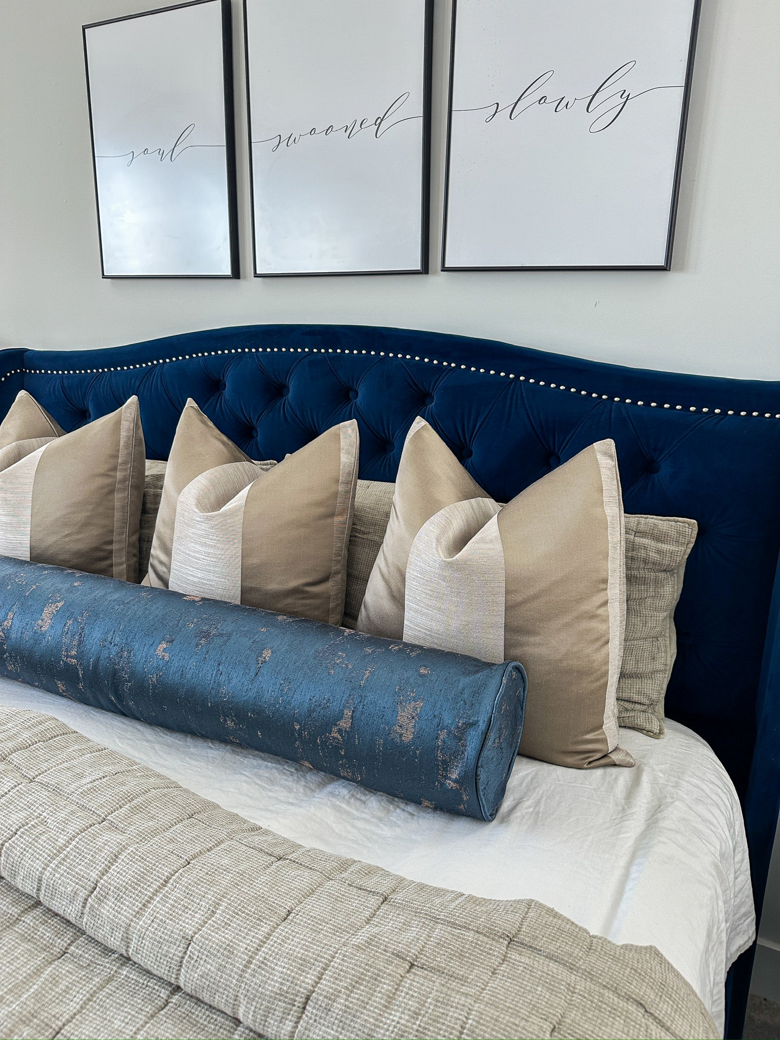 Navy Distress Bolster Cover Love, Ravin Collection