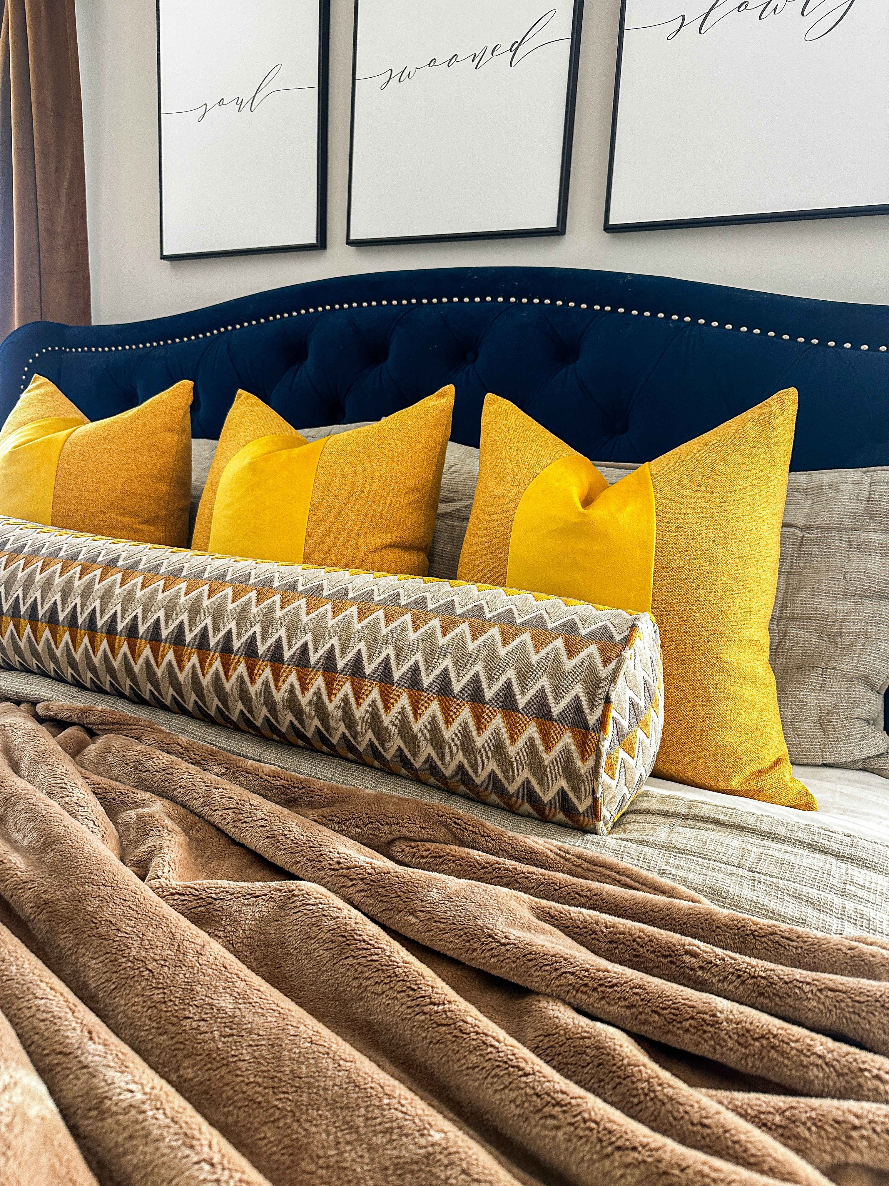 Greige and Mustard Chevron Bolster Cover Love, Ravin Collection
