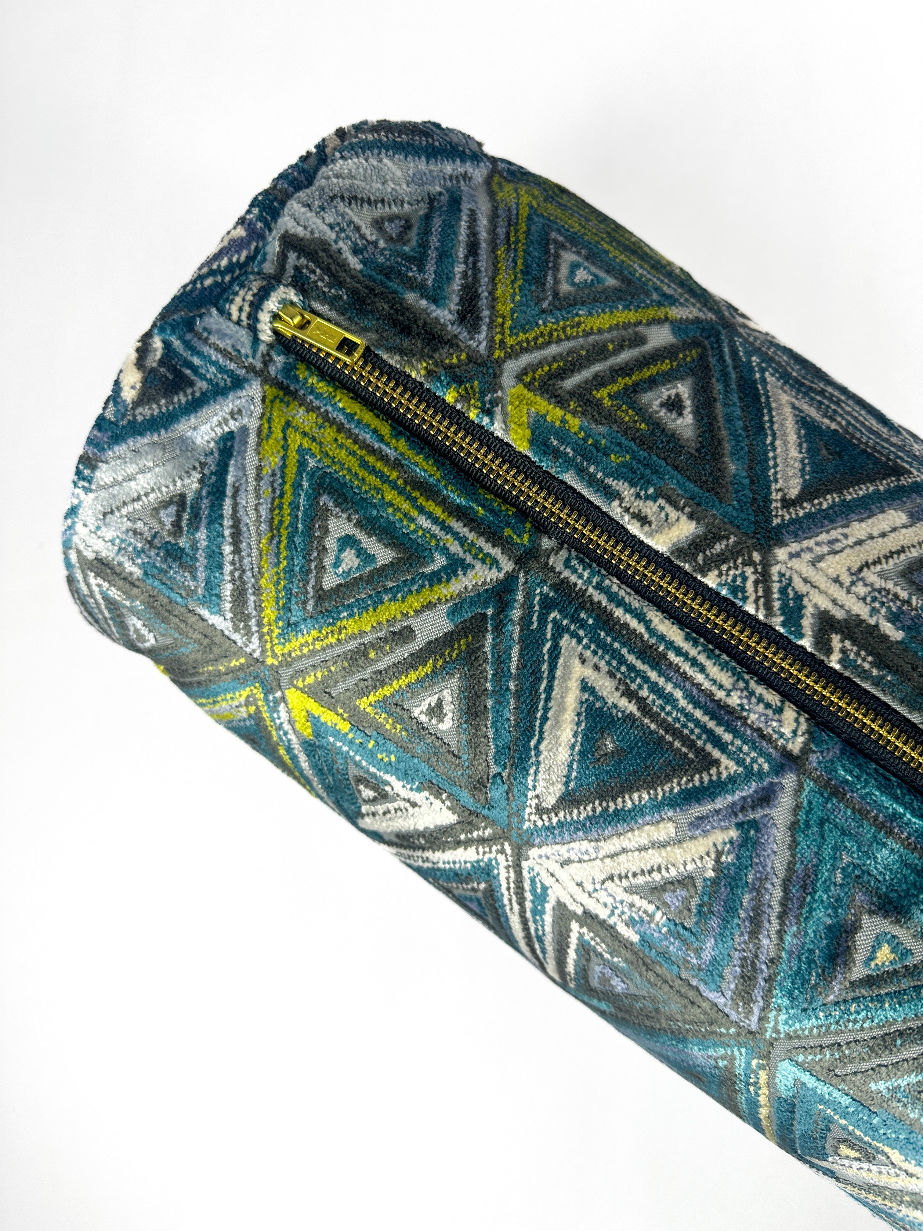 Teal and Lime Triangles Bolster Cover Love, Ravin Collection