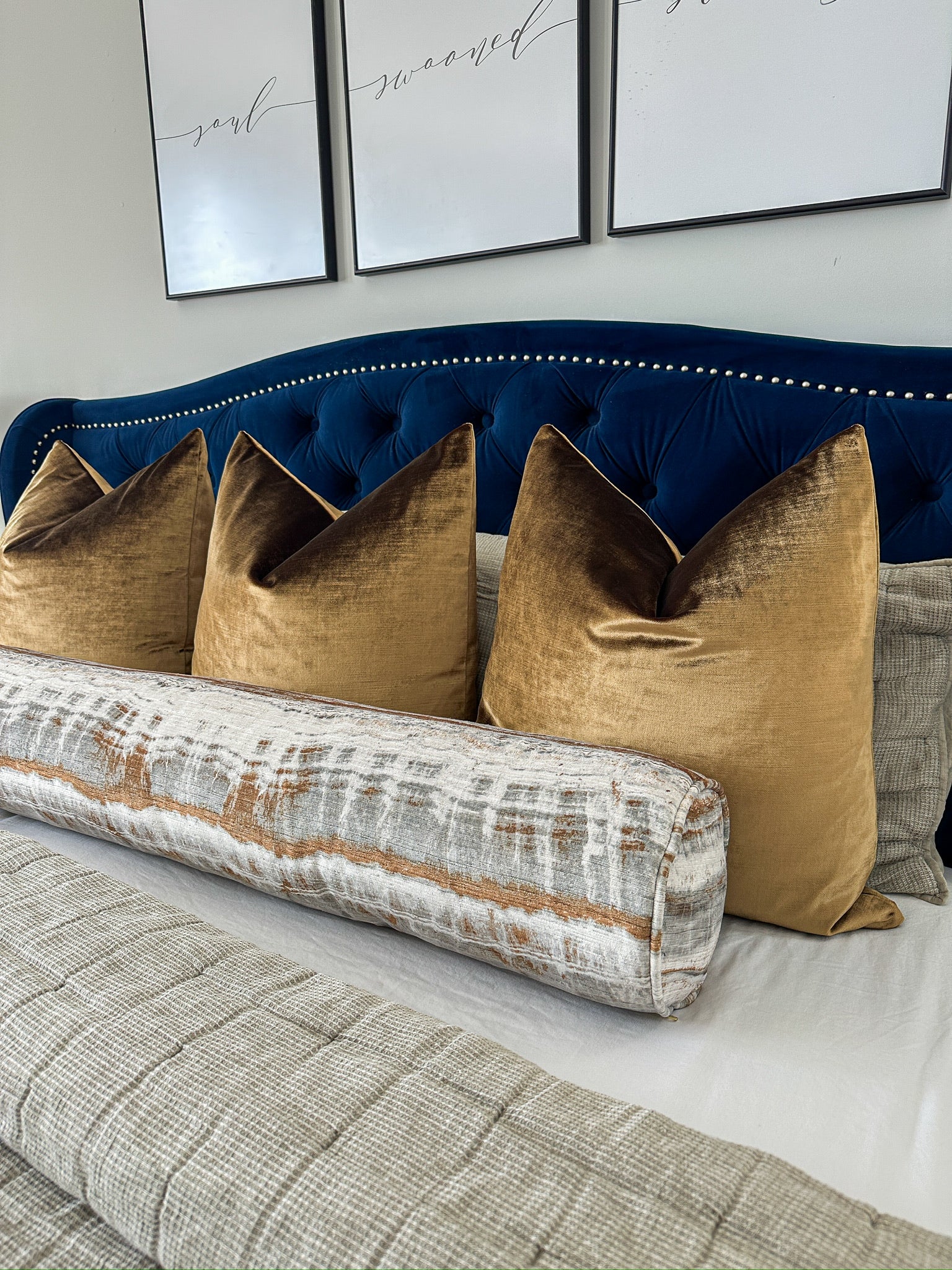 Grey and Gold Layered Rock Bolster Cover Love, Ravin Collection