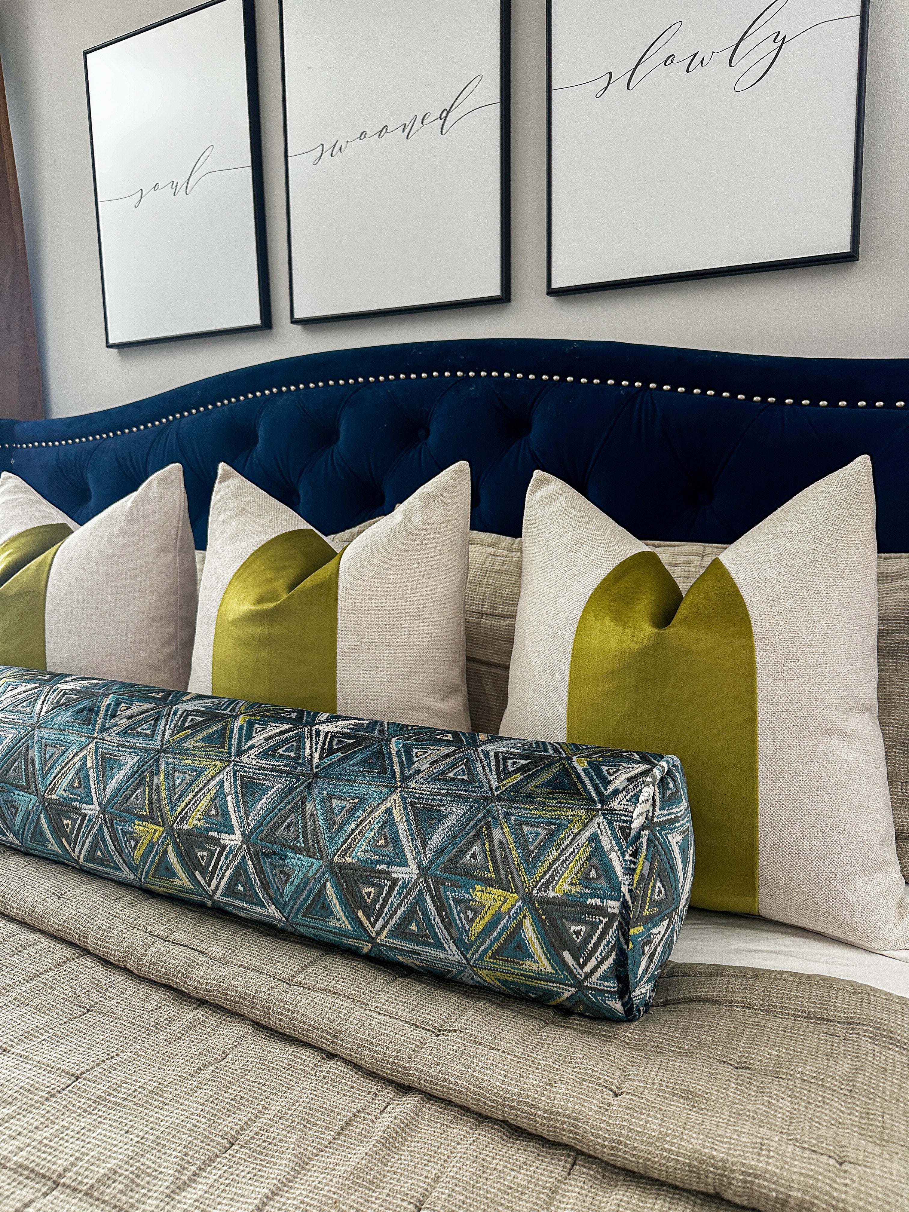 Teal and Lime Triangles Bolster Cover Love, Ravin Collection