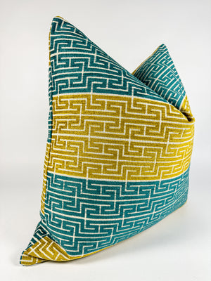 Teal and Golden Yellow Greek Key Pillow Cover