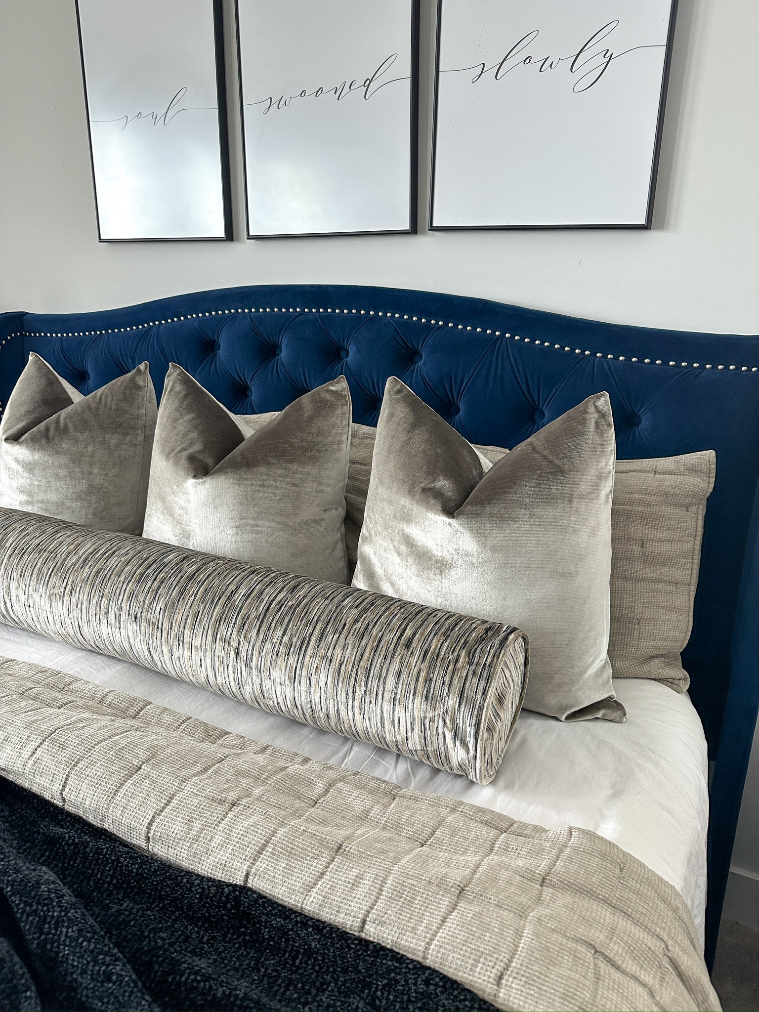 Taupe Velvet Rain Bolster Cover Love, Ravin Collection