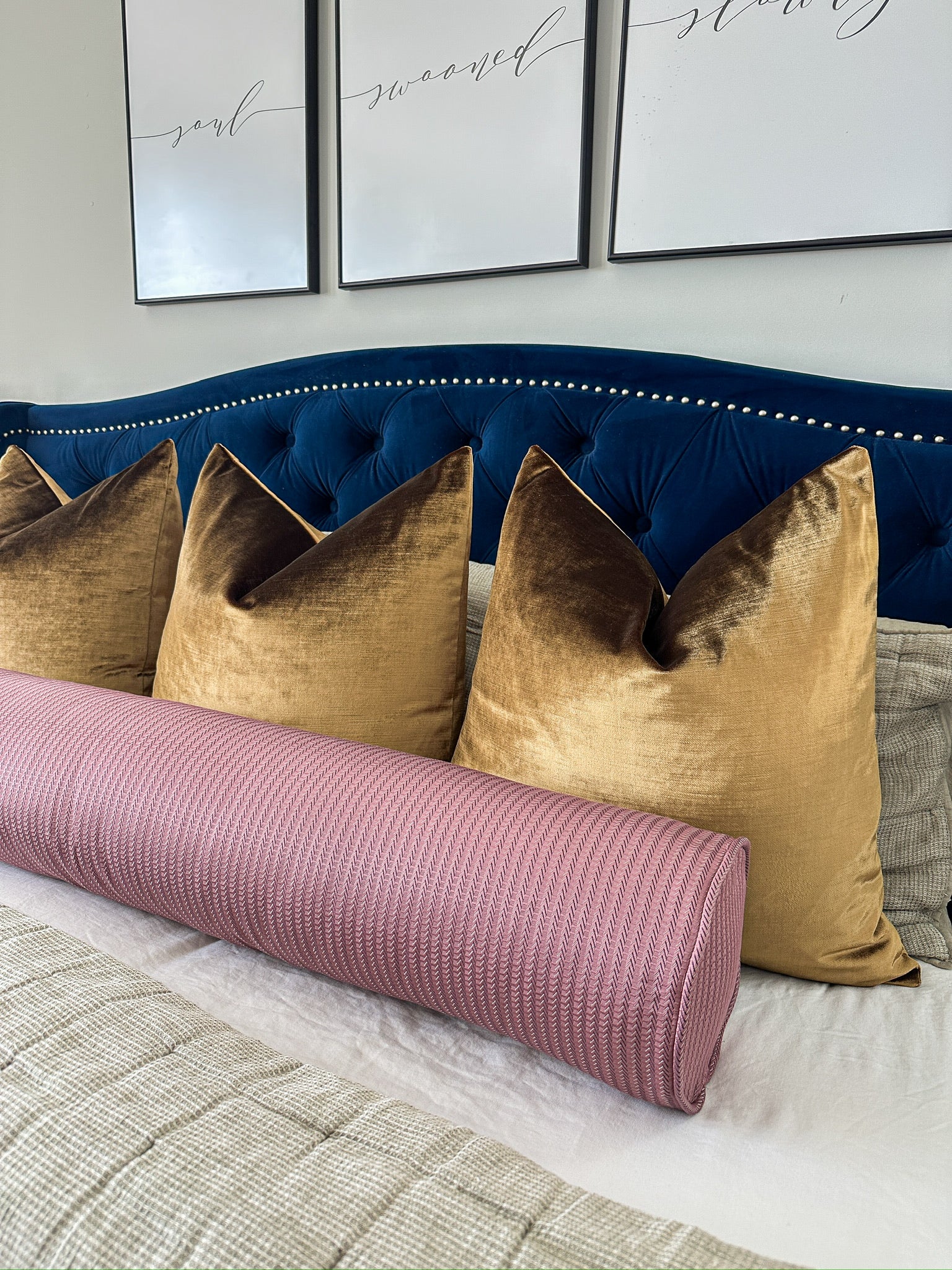 Dusty Mauve Pinstripe Bolster Cover Love, Ravin Collection