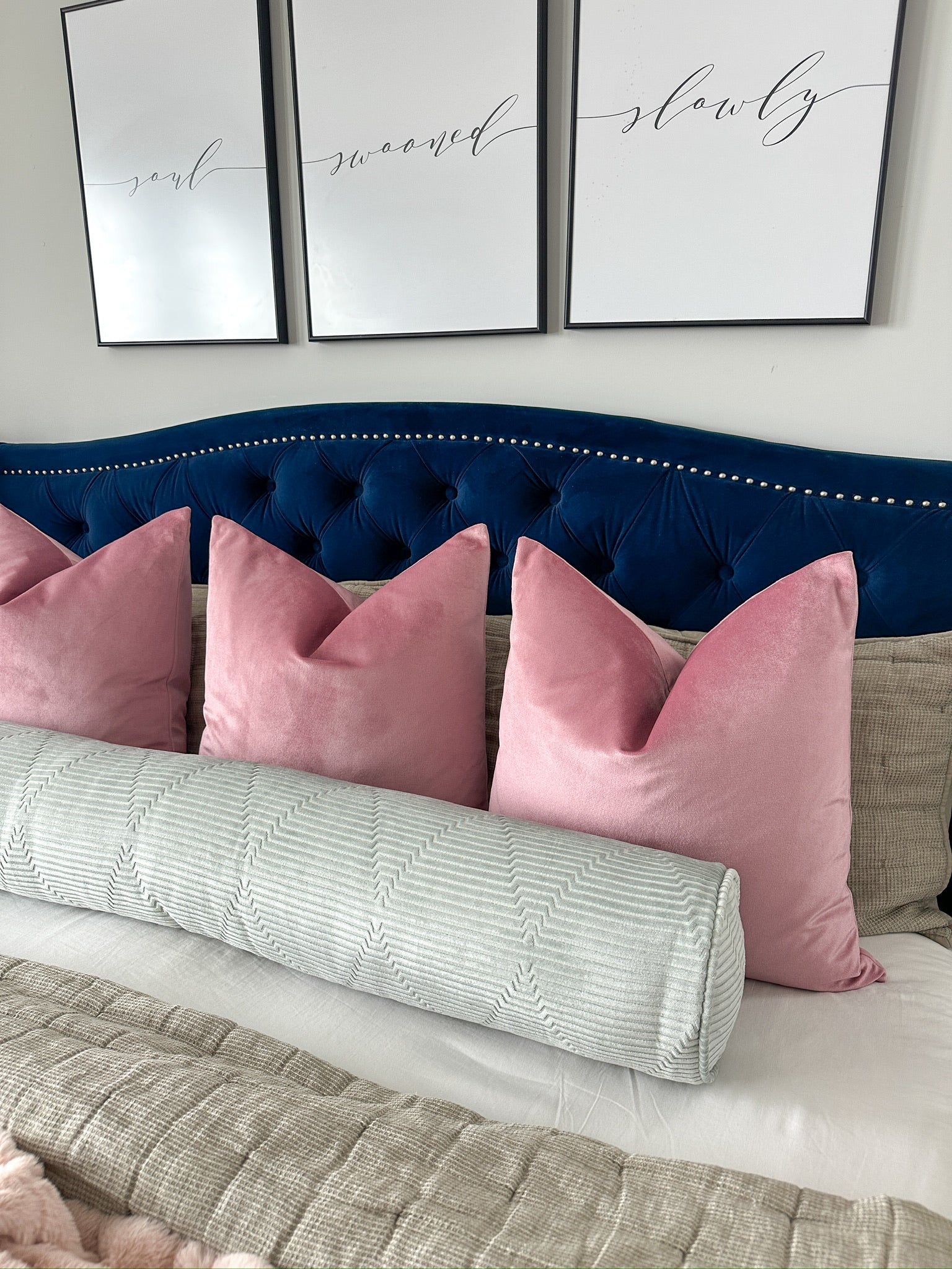 Mint Green Steps Velvet Bolster Cover Love, Ravin Collection