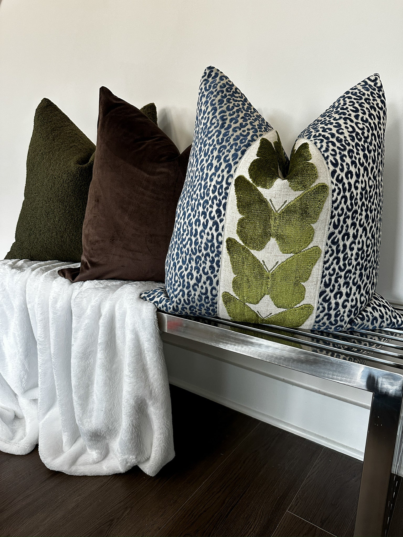Navy Leopard and Olive Butterfly Pillow Cover Love, Ravin Collection