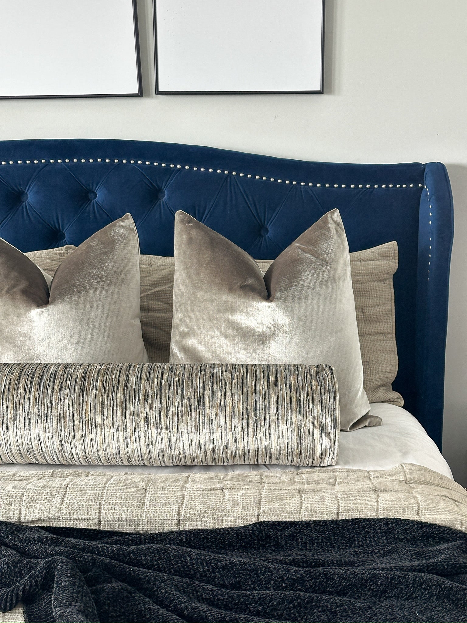 Taupe Velvet Rain Bolster Cover Love, Ravin Collection