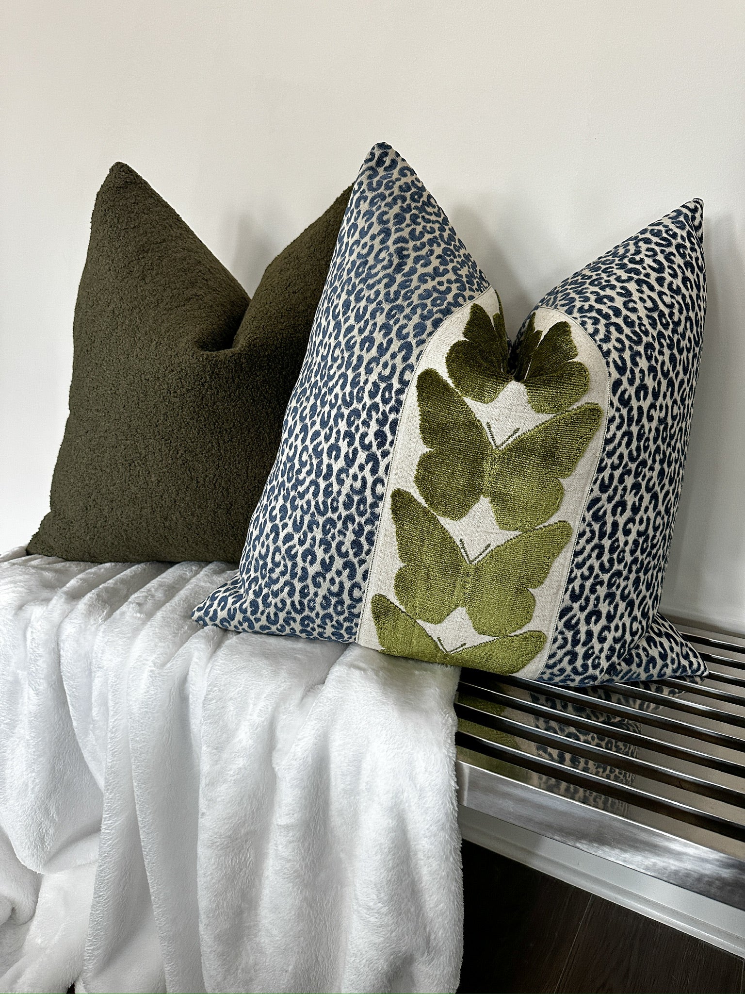 Navy Leopard and Olive Butterfly Pillow Cover Love, Ravin Collection
