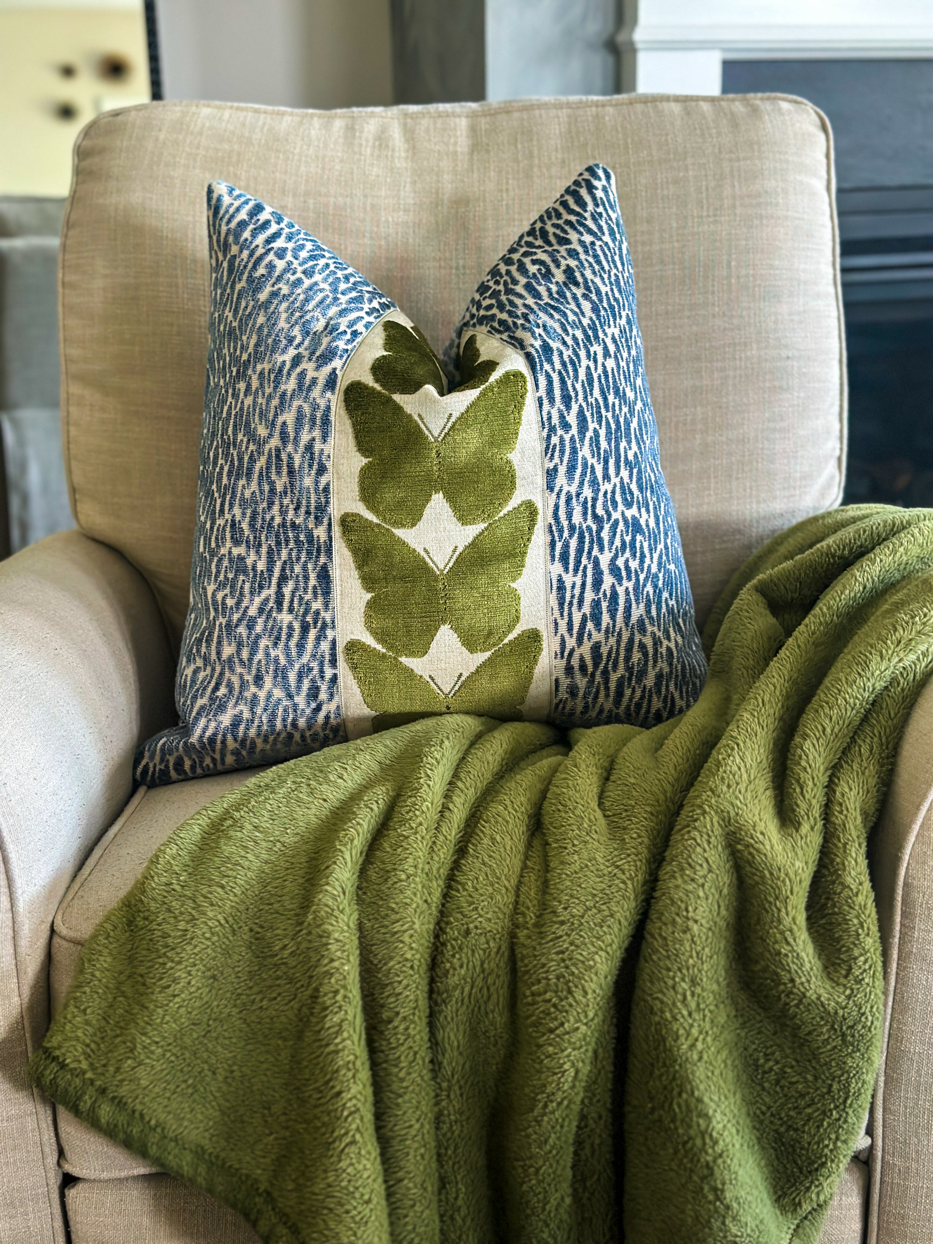 Denim Leopard and Olive Butterfly Pillow Cover Love, Ravin Collection