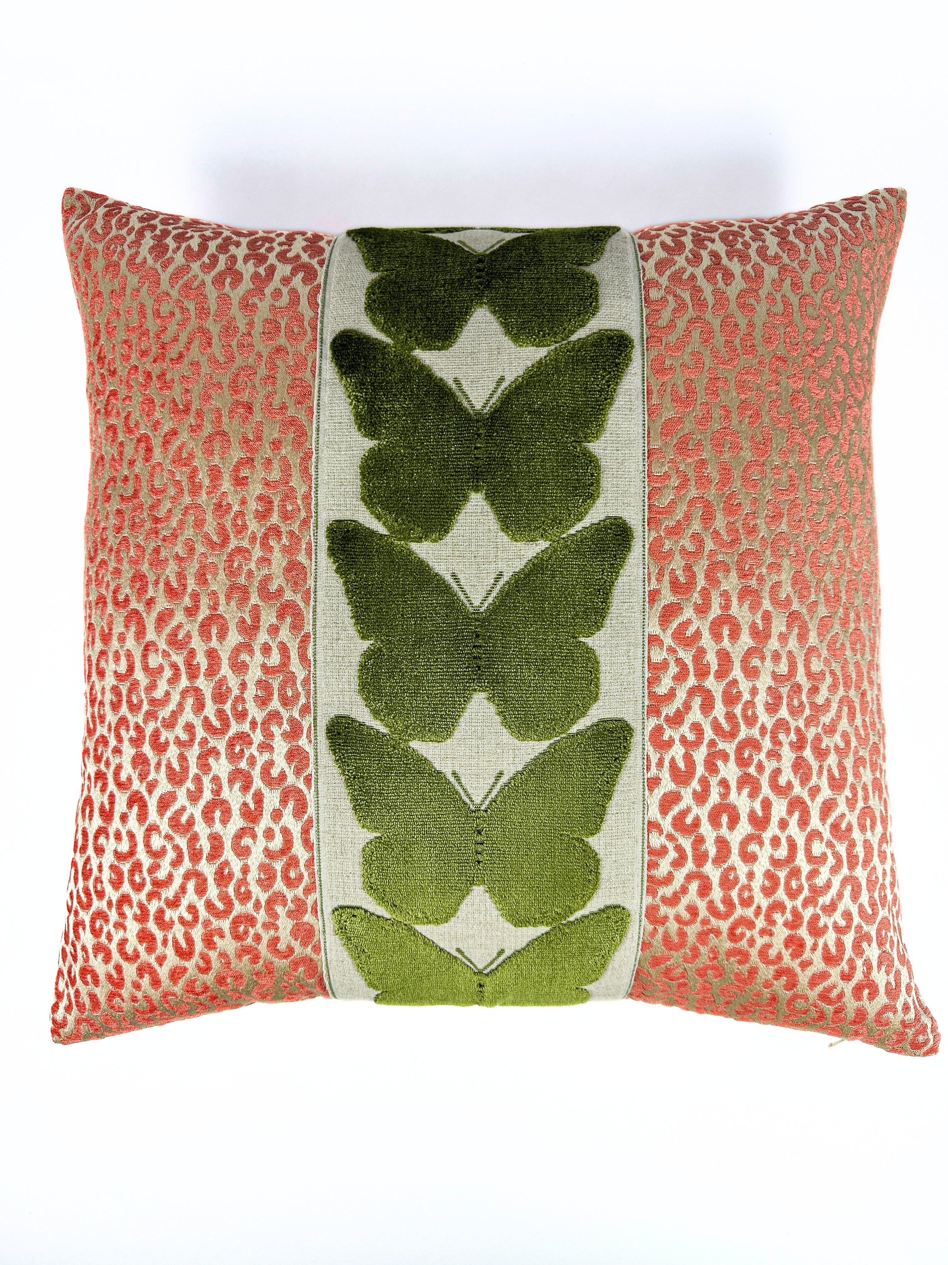 Coral Leopard and Olive Butterfly Pillow Cover Love, Ravin Collection